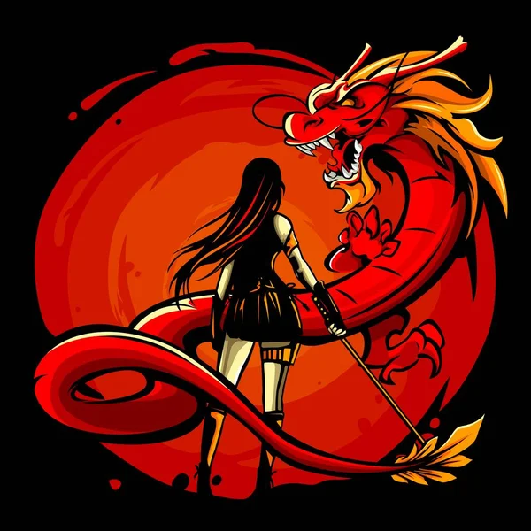 Vector Illustration Female Swordsman Facing Dragon — Stok Vektör