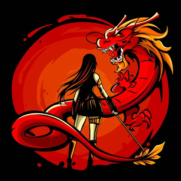 Vector illustration of female swordsman facing a dragon