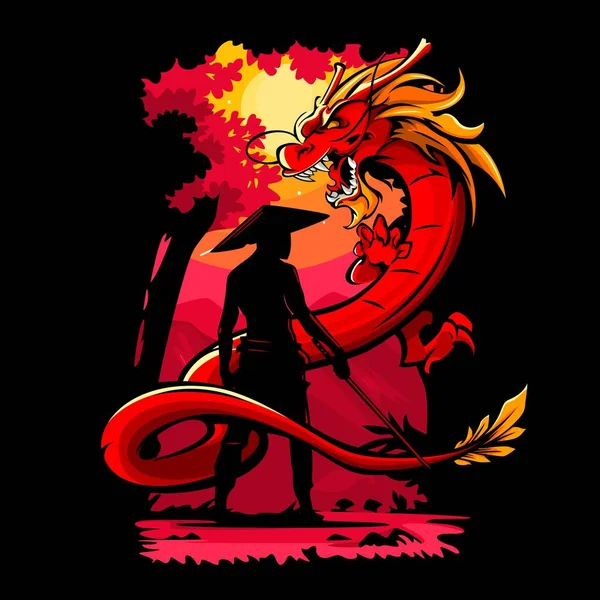 Vector Illustration Swordsman Facing Dragon — Stok Vektör