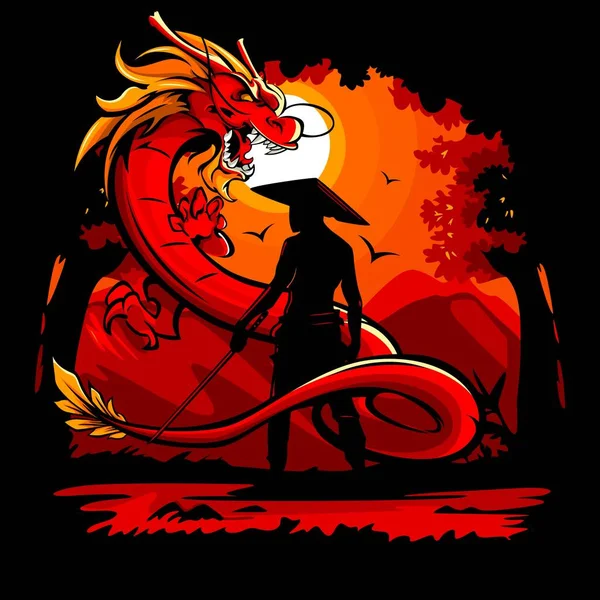 Vector Illustration Swordsman Facing Dragon — Vetor de Stock