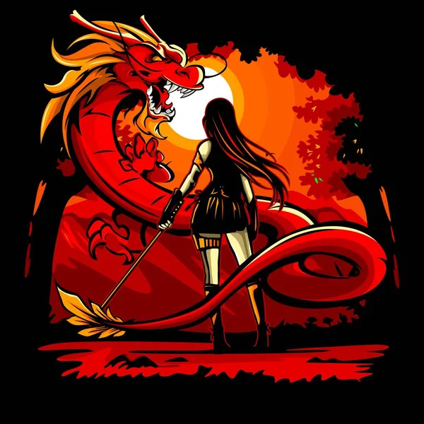 Vector Illustration Female Swordsman Facing Dragon — Stok Vektör