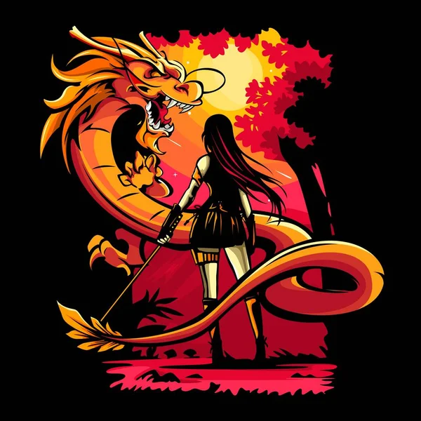 Vector Illustration Female Swordsman Facing Dragon — Stok Vektör