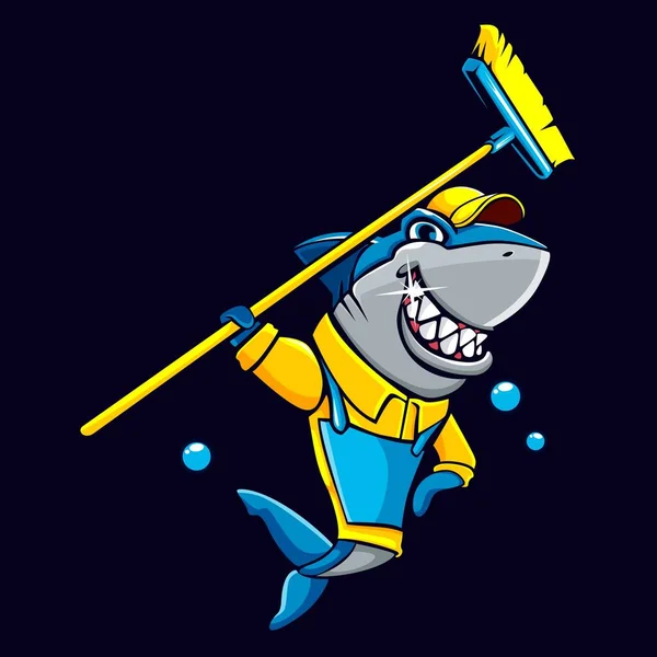 Cleaning Service Shark Vector Mascot Illustration Stok Vektor Bebas Royalti
