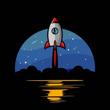 Vector illustration of a rocket flying into space at night