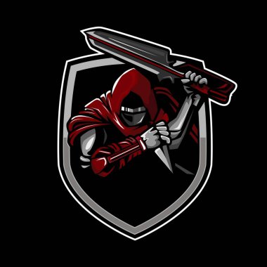 Vector emblem logo of a ninja wearing a hood holding a sword and kunai