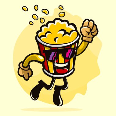 Popcorn cartoon character jumping with clenched fist