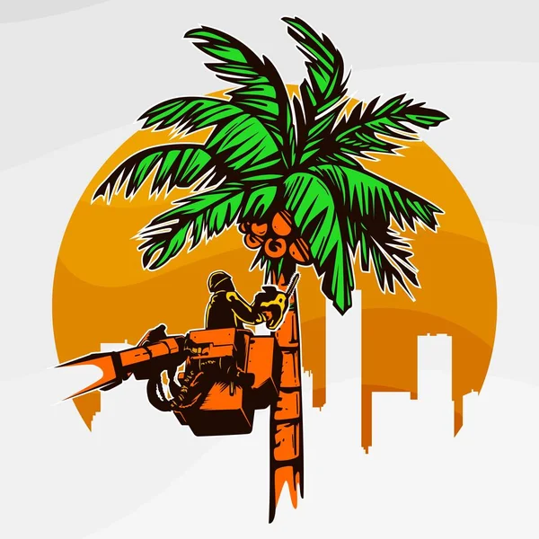 Vector Logo Illustration Worker Cutting Palm — Vetor de Stock