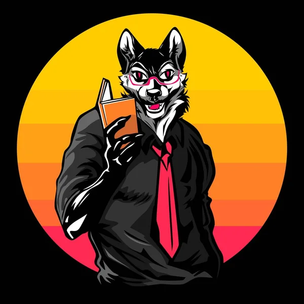 Wolf vector character illustration reading a book