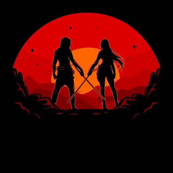 Vector silhouette of male and female swordsmen facing each other