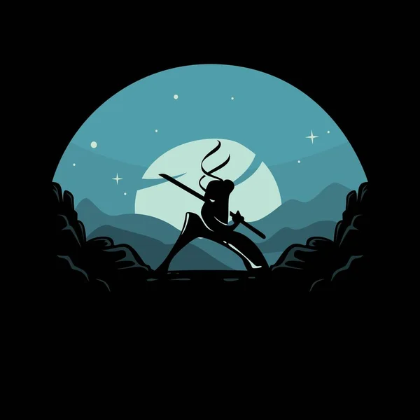Ninja silhouette with mountain and sunset background