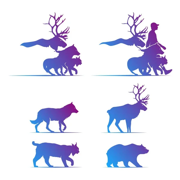 Animals silhouettes of wolf, bobcat, deer, bear and human walking