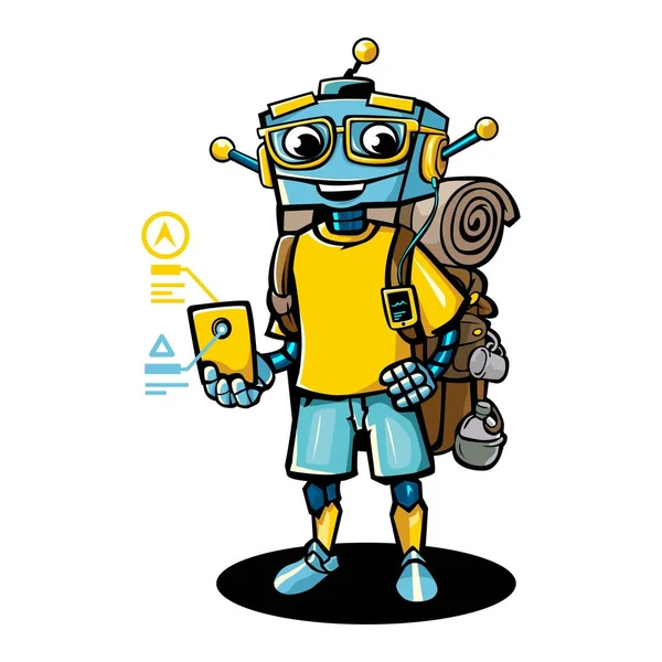 Robot cartoon character is traveling and looking for road locations