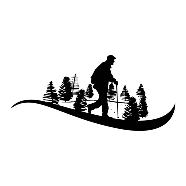 Vector Illustration Old Man Walking Forest Black White Stok Ilustrasi 