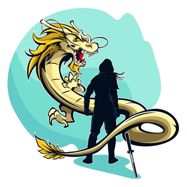 Vector Illustration Swordsman Challenging Dragon Stok Ilustrasi Bebas Royalti