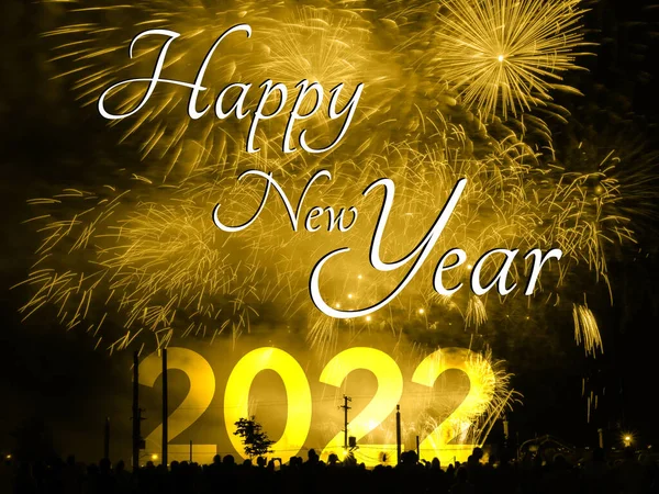 Ευτυχισμένο το νέο έτος 2022 κάρτα σε φόντο πυροτεχνήματα — Φωτογραφία Αρχείου