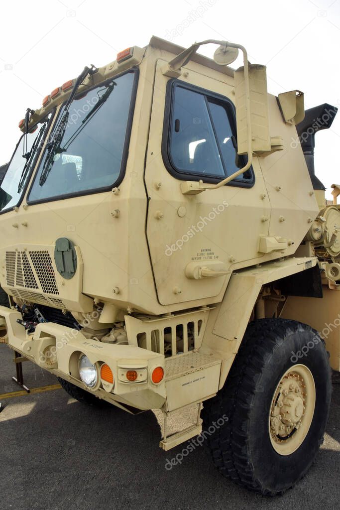 Modern US army mulitary truck front side cabin view