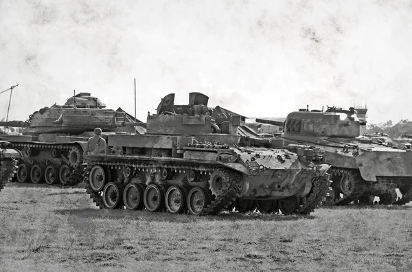 Tanques Era Segunda Guerra Mundial Preto Branco Foto Manchada — Fotografia de Stock