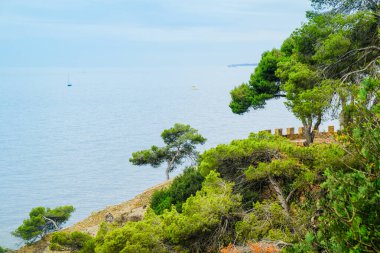 Akdeniz manzarası, çam ağaçları ve bulutlu havada yürüme yolu Lloret de Mar, Costa Brava.