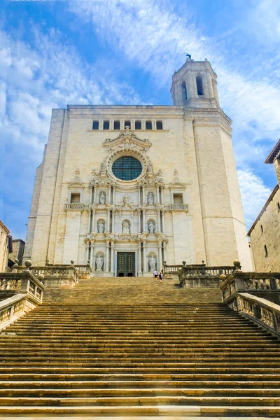 Katedra Najświętszej Marii Panny Gironie Widok Przodu Długimi Schodami Katalonia — Zdjęcie stockowe