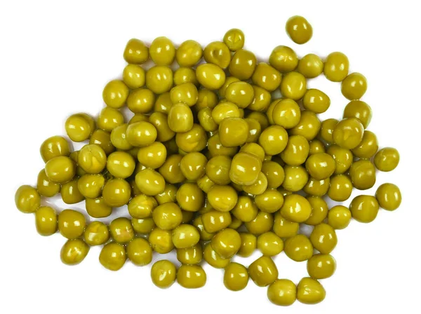 白い缶詰の緑のエンドウ豆の山 白い背景に隔離されたマクロのクローズアップ トップビュー — ストック写真