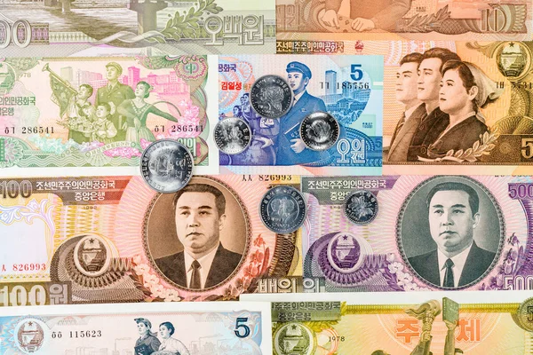 Six North Korea Won Coins Different Banknotes Background Dprk Money — 图库照片