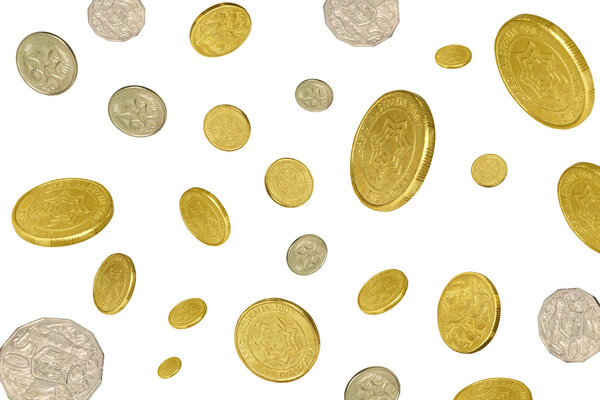 монеты падают на белый фон
