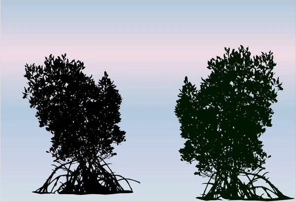 Mangrove Δέντρα Σιλουέτα Μπλε Και Γκρι Φόντο — Διανυσματικό Αρχείο