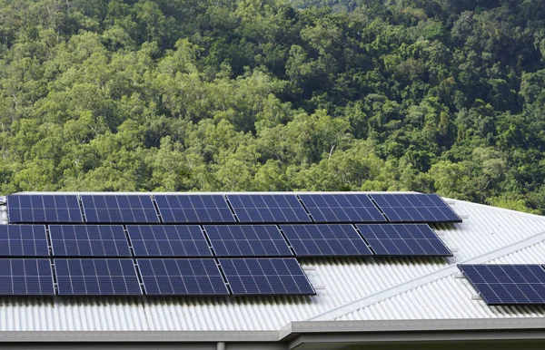 Сонячні Панелі Економії Енергії Даху Приватного Будинку Тропічним Лісом — стокове фото