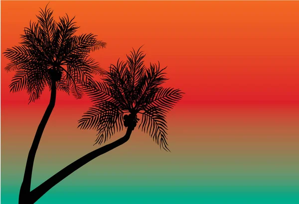 具有橙色和绿色背景的两棵椰子树的轮廓 — 图库矢量图片