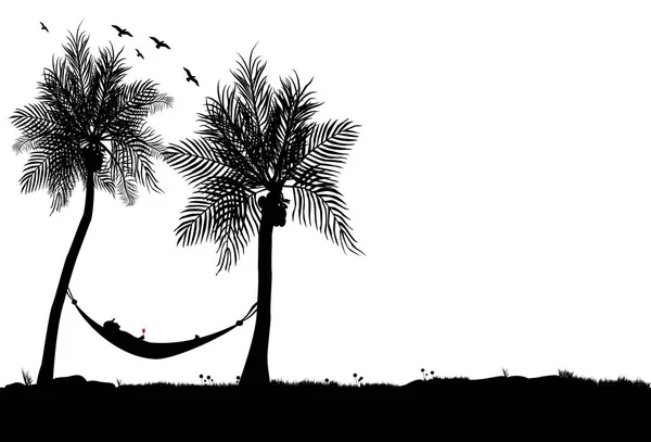 男人躺在椰子树下喝着红酒 — 图库矢量图片