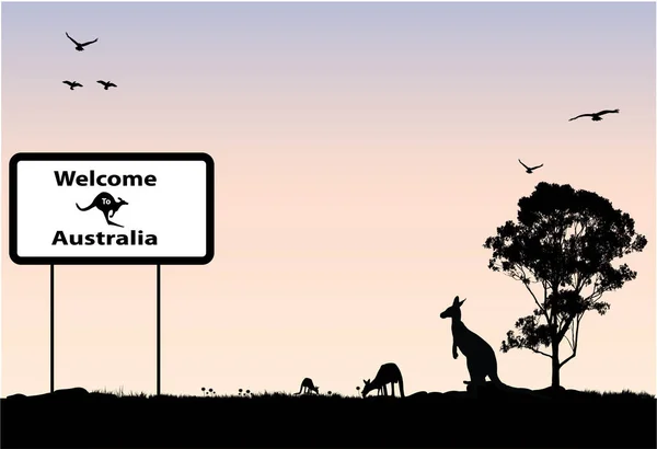 Escena Australiana Con Señal Bienvenida Australia Canguros Encías — Vector de stock