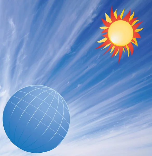 地球温暖化を空を背景に描いた太陽のある世界 — ストックベクタ