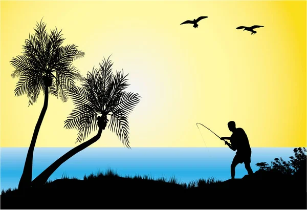 Escena Tropical Cocos Pesca Del Hombre Como Silueta — Vector de stock