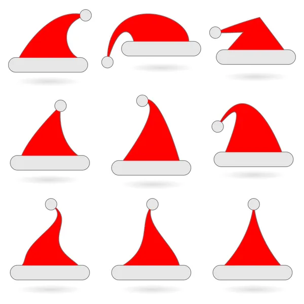 Uppsättning av santa hattar ikoner röd. — Stock vektor