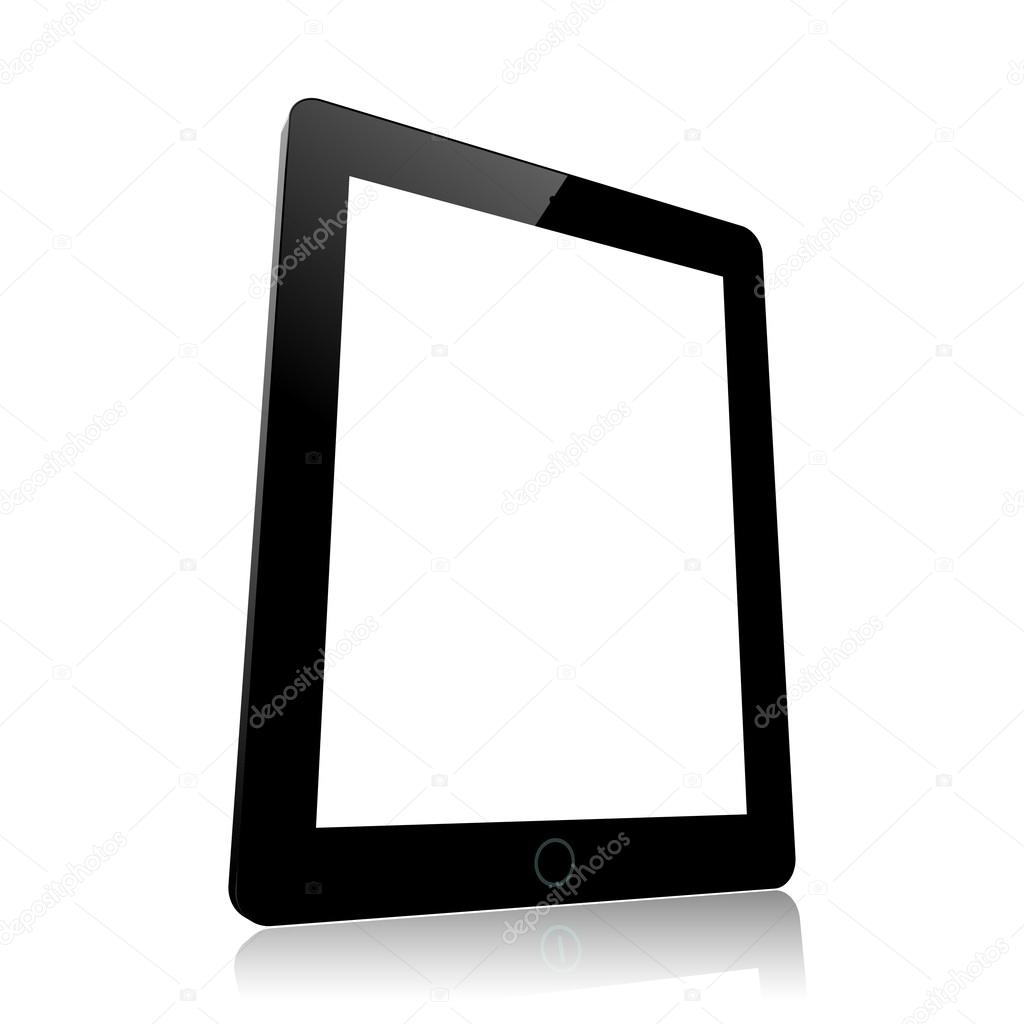 Black computer tablet with white blank screen.