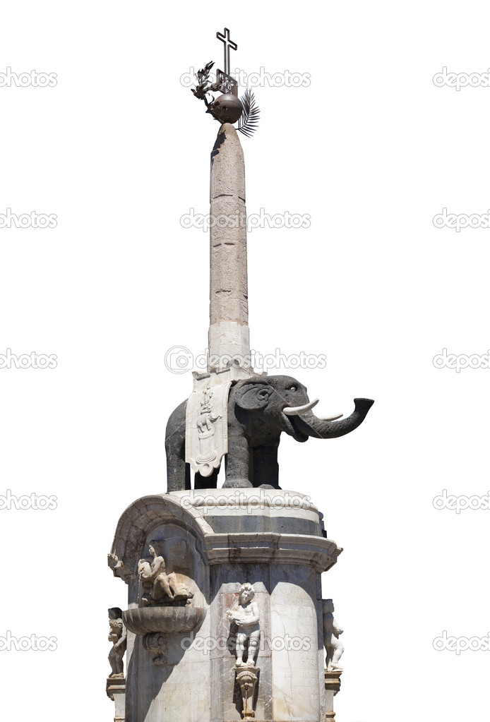 The elephant fountain with obelisk isolated on white in Catania, Sicily, Italy
