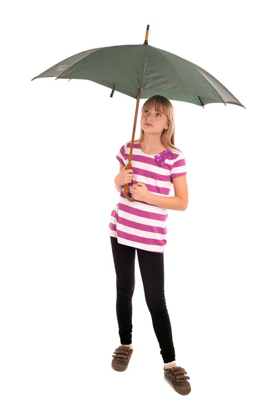 Flicka med grönt paraply — Stockfoto