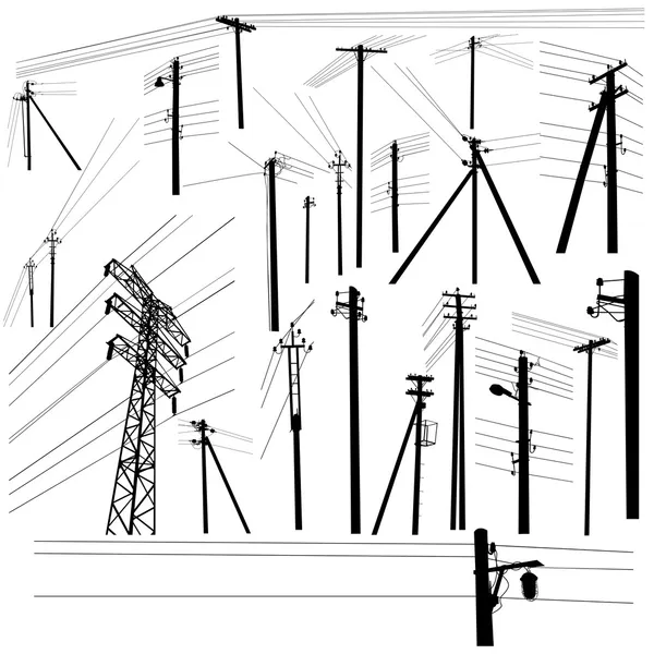 Pylon linee elettriche ad alta tensione silhouette set — Vettoriale Stock