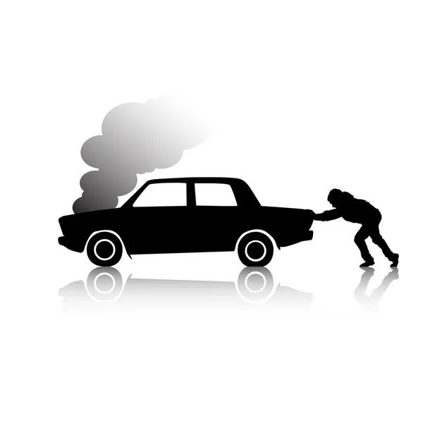 Silueta del hombre empujando un coche roto — Vector de stock