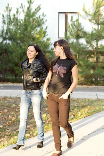 Two young friends strolling along a path — Stock Photo, Image