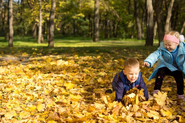 在秋天落叶中玩耍的孩子 — 图库照片