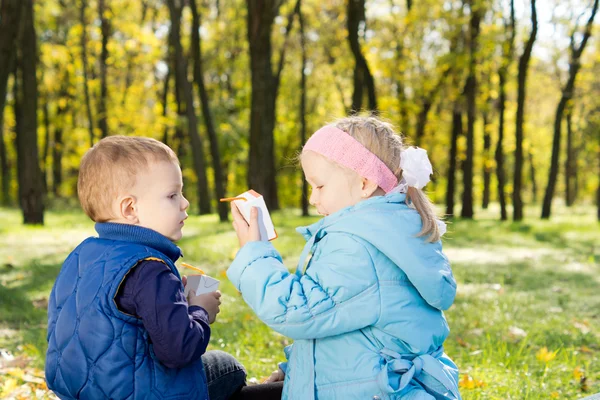 Barn har ett mellanmål i en lummig grön skogsmark — Stockfoto