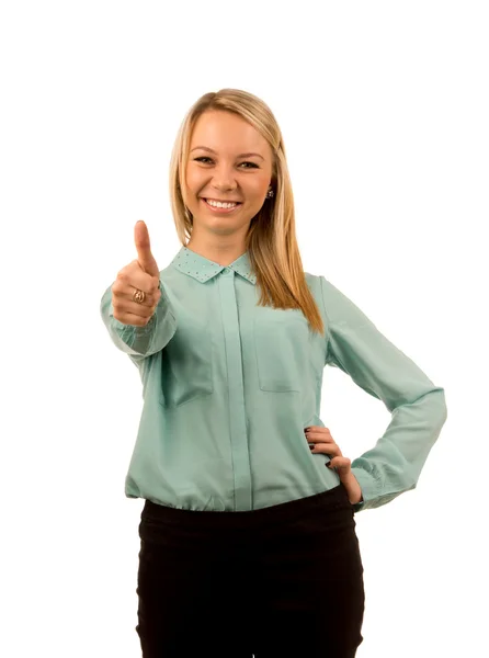 Энтузиастичная молодая женщина, показывающая большой палец — стоковое фото