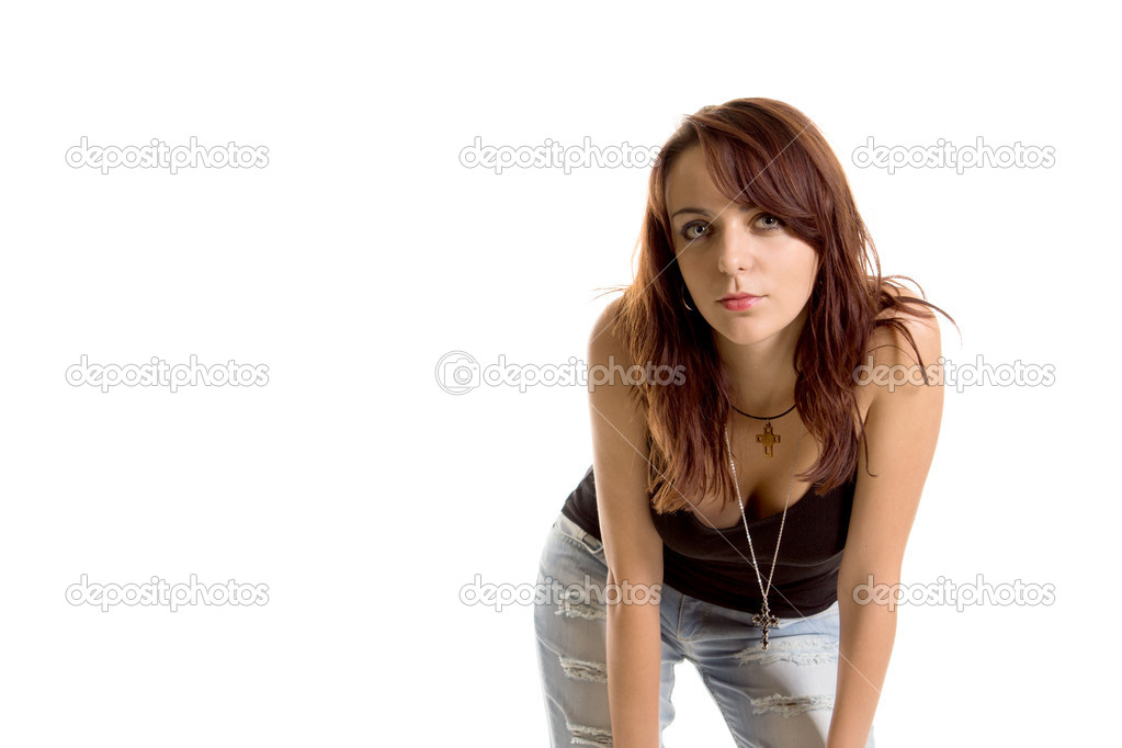Young woman leaning towards the camera