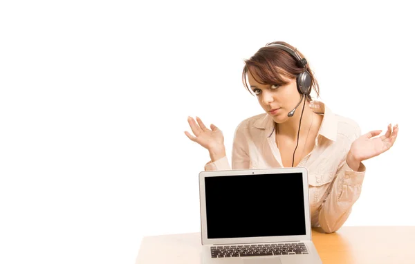 Operadora de call center atirando as mãos para o ar — Fotografia de Stock