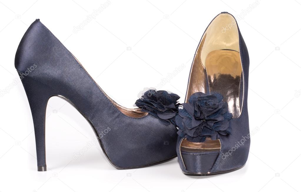 Stylish blue leather ladies shoes with flower