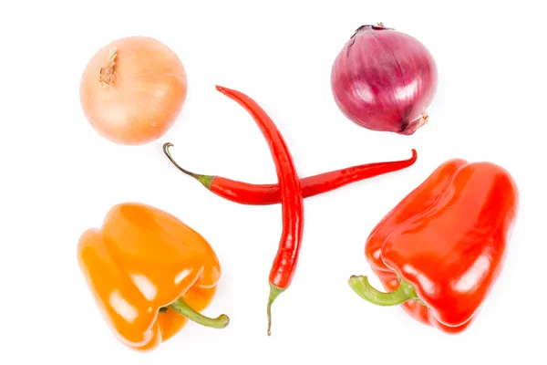 Onions, bell peppers and chilli peppers — Stock Photo, Image