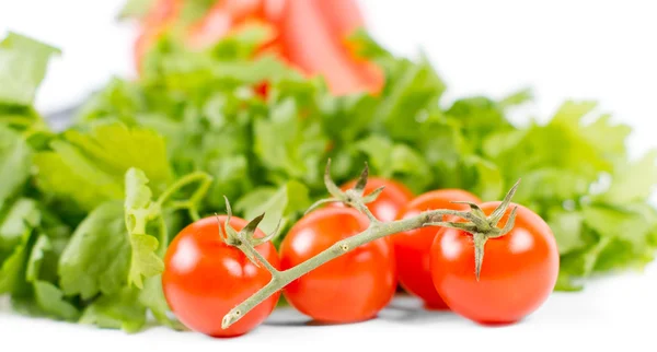 Fresh tomatoes on vine with green salad — Stock Photo, Image