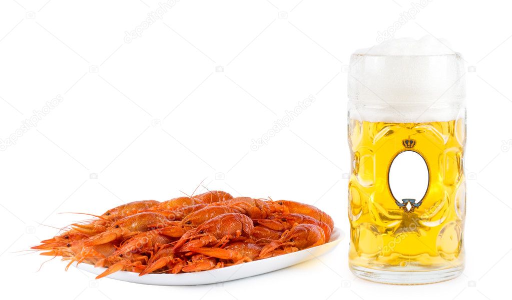 Seafood platter of prawns with beer