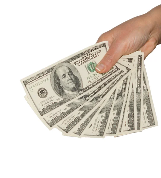 Man holding a fistful of 100 dollar bills — Stock Photo, Image